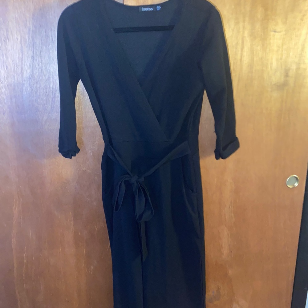 Boohoo Black Tie-Waist Midi Jumpsuit